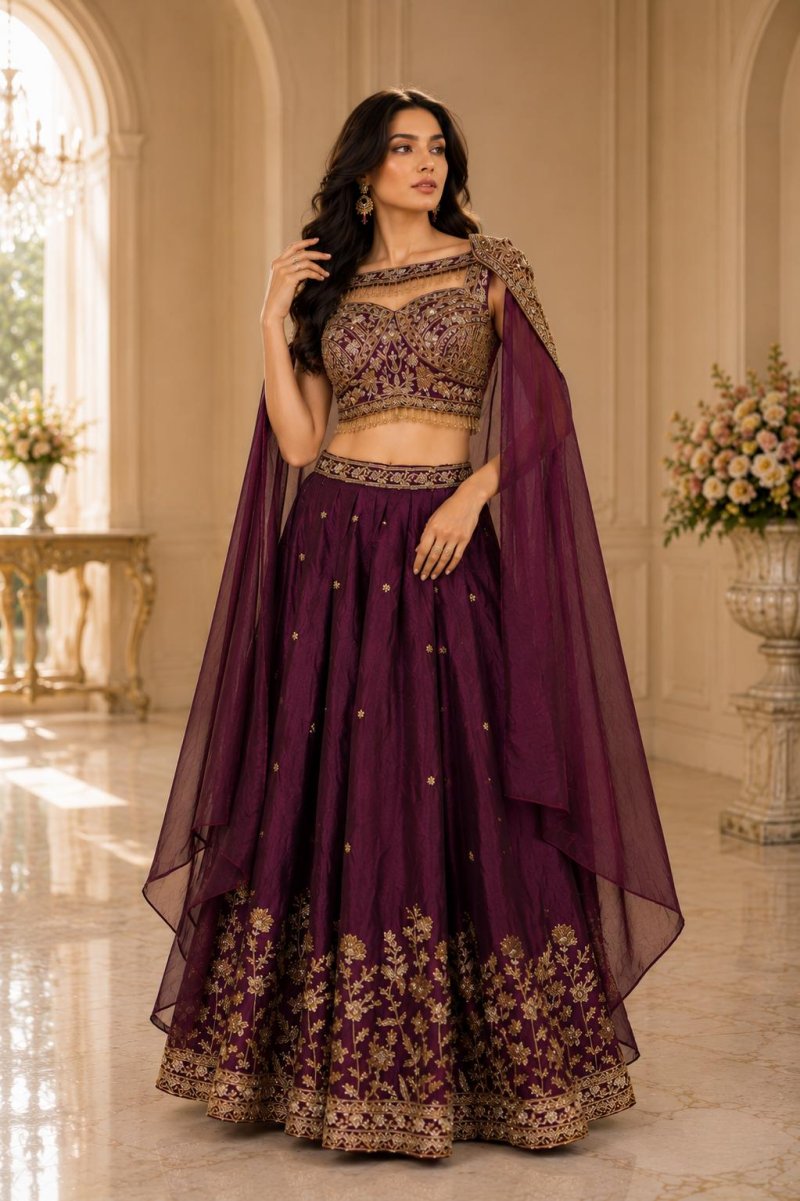 A539 Nc Satin Beads Work Indo Western Lehenga